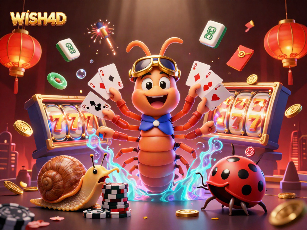 Engage with WISH4D in an exciting 3D casino illustration filled with vibrant characters and games.