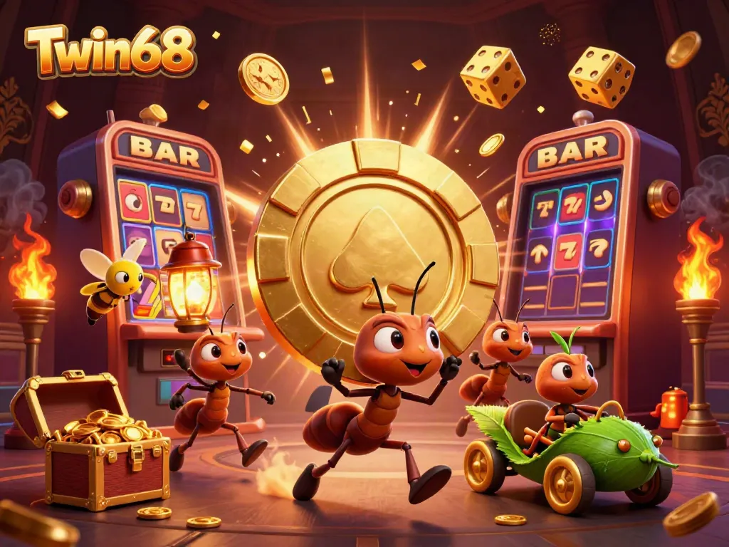 Twin68 offers a thrilling scene of a heist with ants carrying a chip amidst vibrant casino elements.