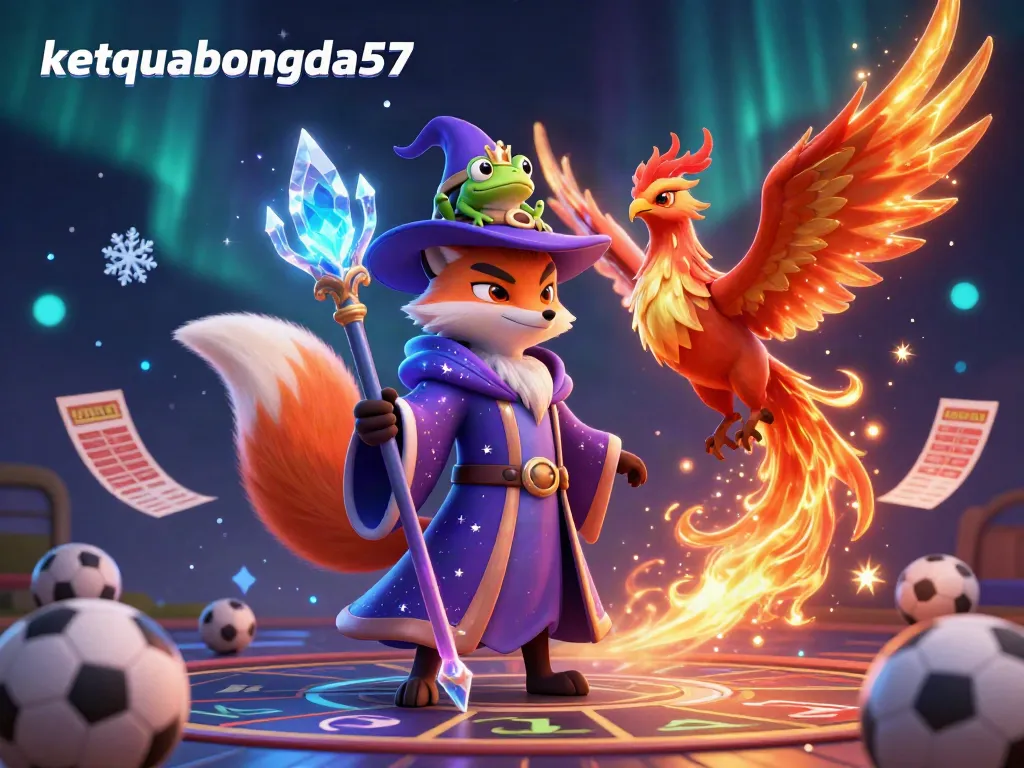 Engage with ketquabongda57 in a vibrant fantasy sports betting scene featuring a wizard fox and phoenix.