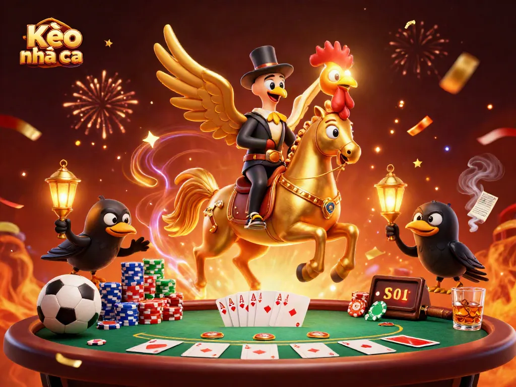 Kèo nhà cái showcasing an energetic sports betting scene with a golden rooster character, capturing key betting elements.