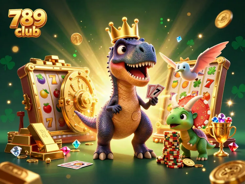 Celebrate wins at the 789 club with a vibrant 3D illustration of playful characters amidst casino elements.