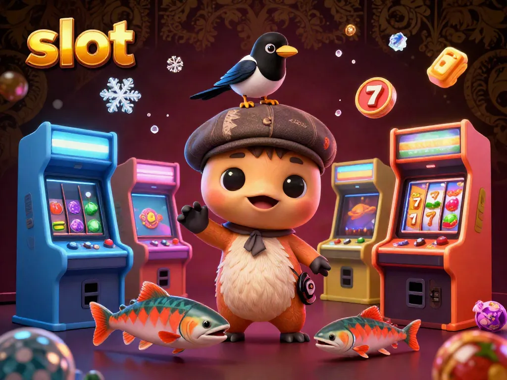 Engaging slot-themed 3D illustration of Nessie, magpie, and salmon in a vibrant casino setting.