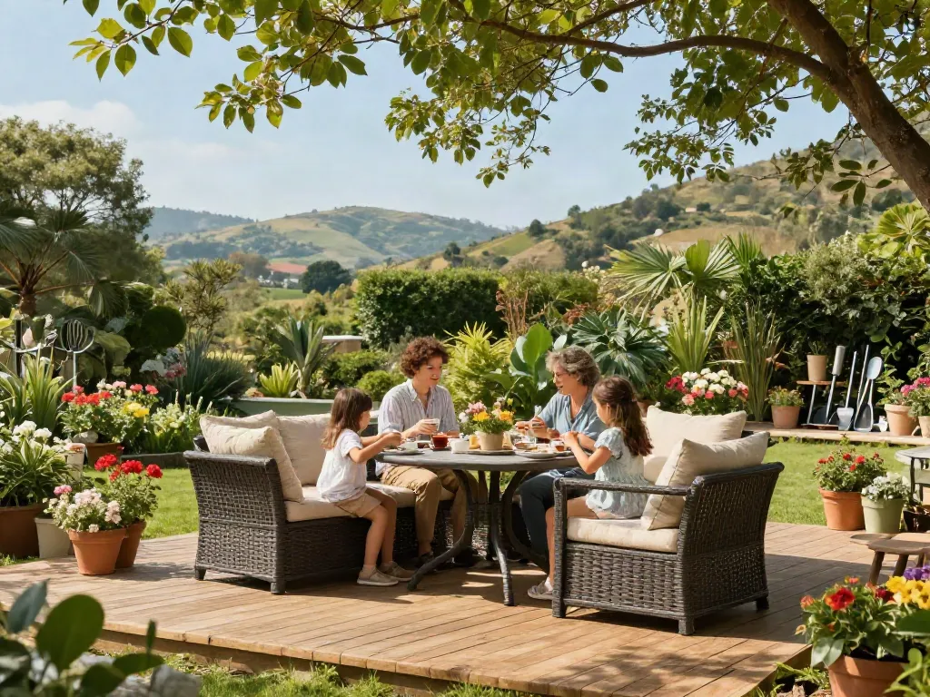 Enjoying afternoon tea on Charles Taylor garden seating in a sunny garden setting with vibrant flowers.