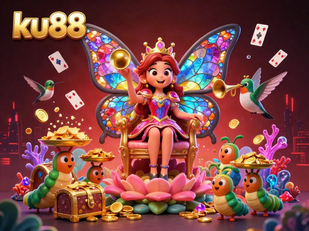 Experience the festive atmosphere of ku88 with a vibrant underwater scene showcasing a butterfly queen amidst treasure and chips.