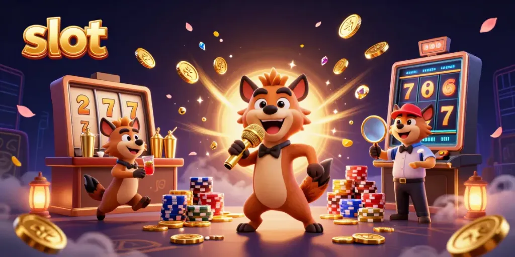 Watch hyenas showcase slot action and joy in a vibrant 3D casino scene.