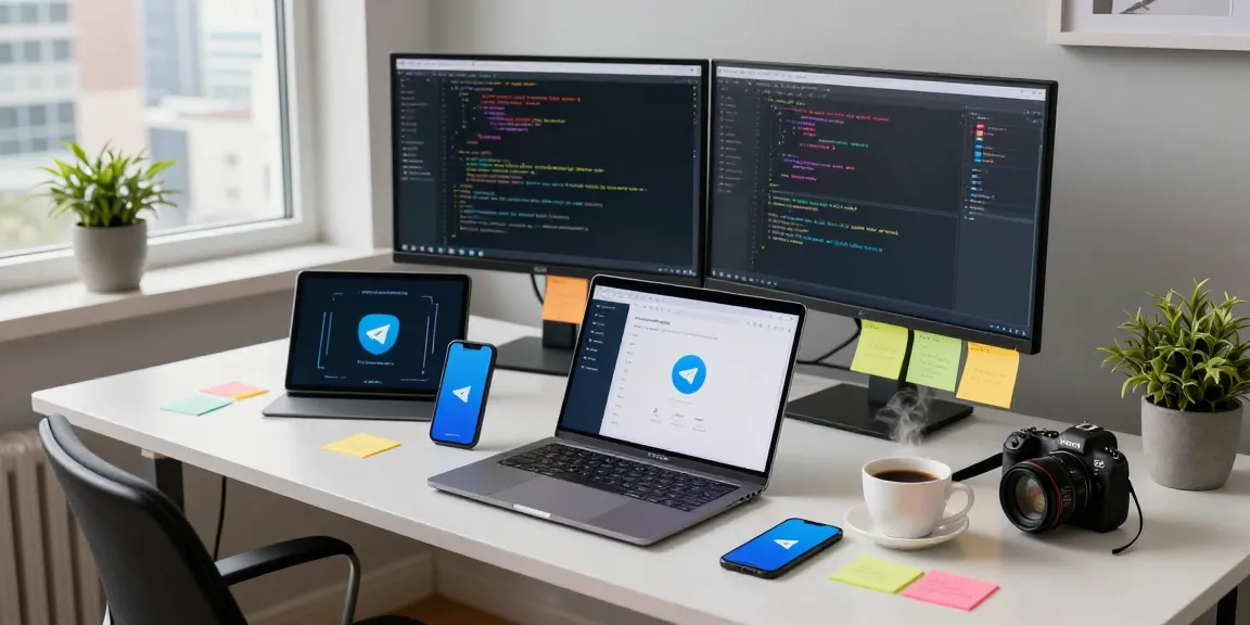 Explore the benefits of Telegram Download in a modern tech workspace with multiple devices and vibrant city views.