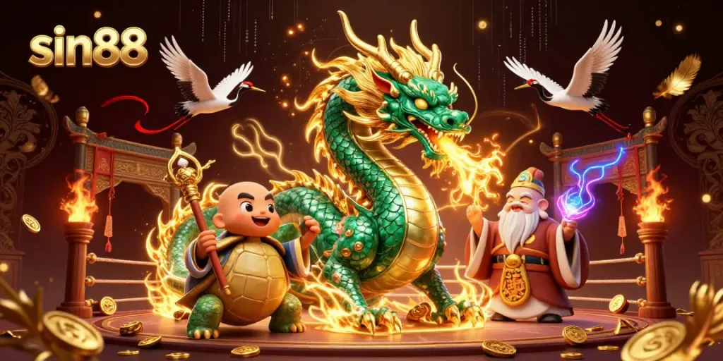 sin88 brand showcases an emerald dragon breathing fire in a dynamic casino-themed scene.