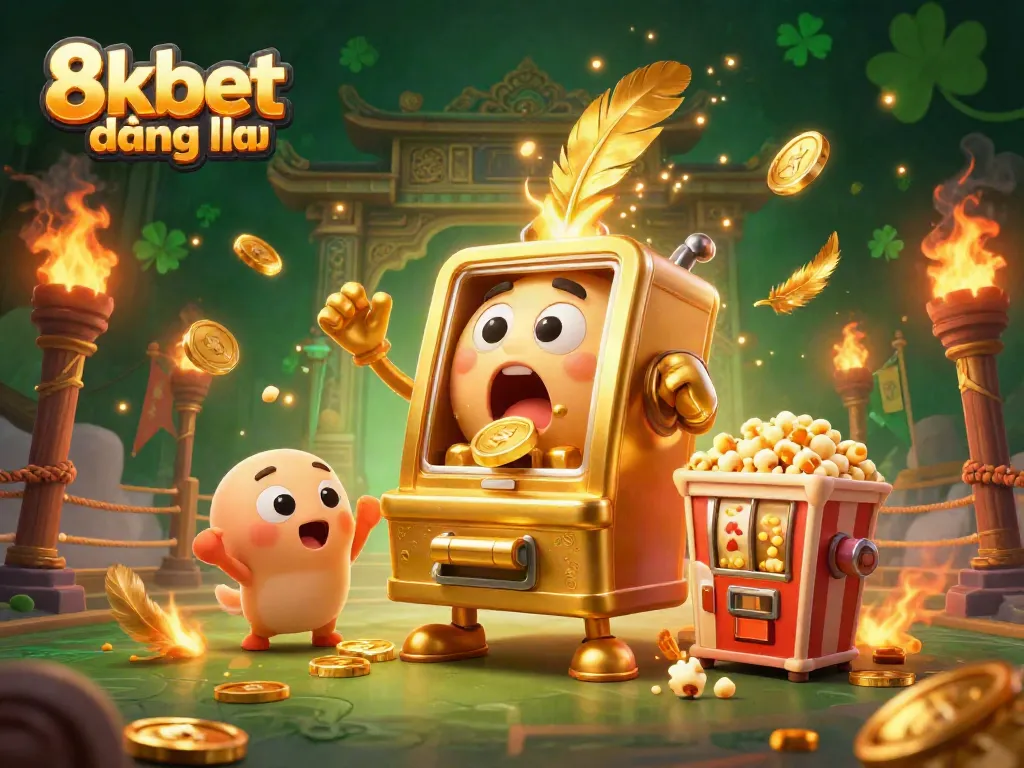 Experience the thrill of 8kbet đăng nhập with a golden slot machine hitting the jackpot among cheering companions.