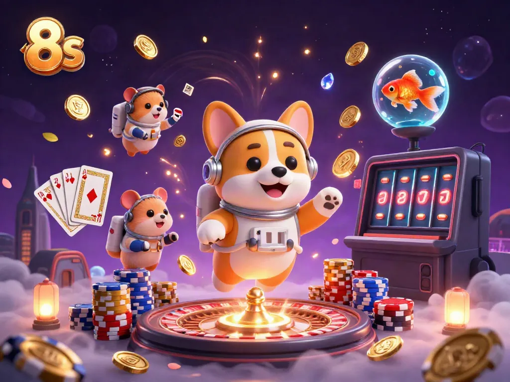 Experience thrilling gaming with 8s as a corgi and friends float through a vibrant casino scene.