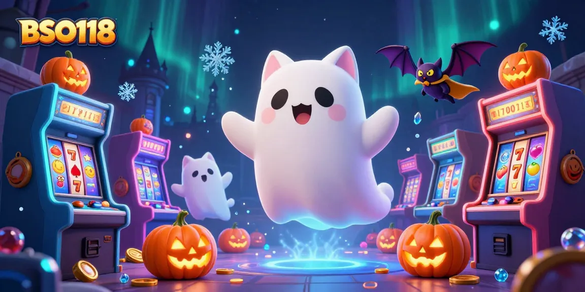 Experience thrilling gaming at BSO118 with a ghostly cat and vampire bat in a vibrant haunted casino scene.