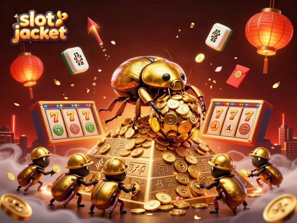 Spin to win with slot jackpot excitement, featuring vibrant 3D beetles and casino elements.