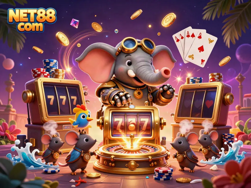 Win big with exciting games at NET88 com showcased in a vibrant steampunk casino scene.