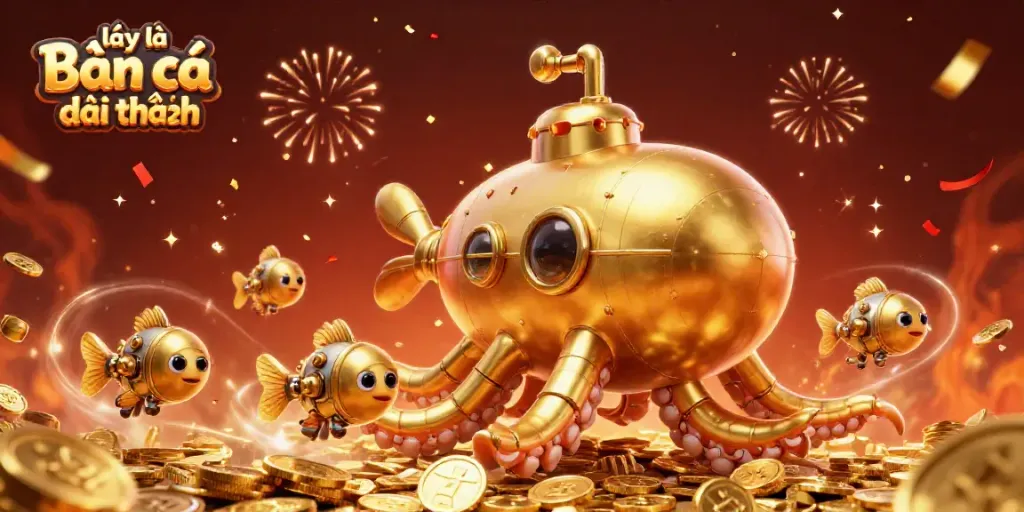 Engage in the adventure of lại là Bắn cá đổi thưởng with a 3D illustrated kraken submarine and mechanical fish.