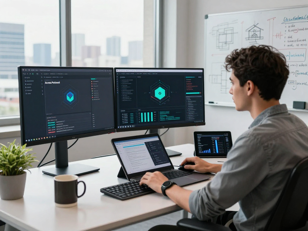Across Protocol workspace showcasing a developer engaged in cross-chain technology with high-tech tools and real-time analytics.