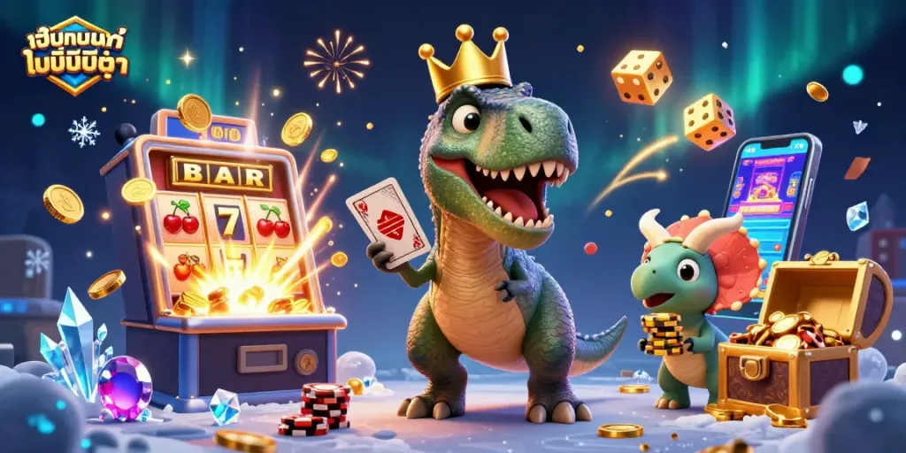 แทงบอลไม่มีขั้นต่ำในภาพ 3D กับตัวละคร T-Rex เล่นการ์ดและกองชิปทอง ธีมคาสิโน