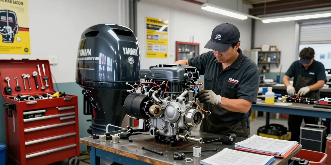 Expert outboard motor repair showing Yamaha engine disassembly in a busy workshop.