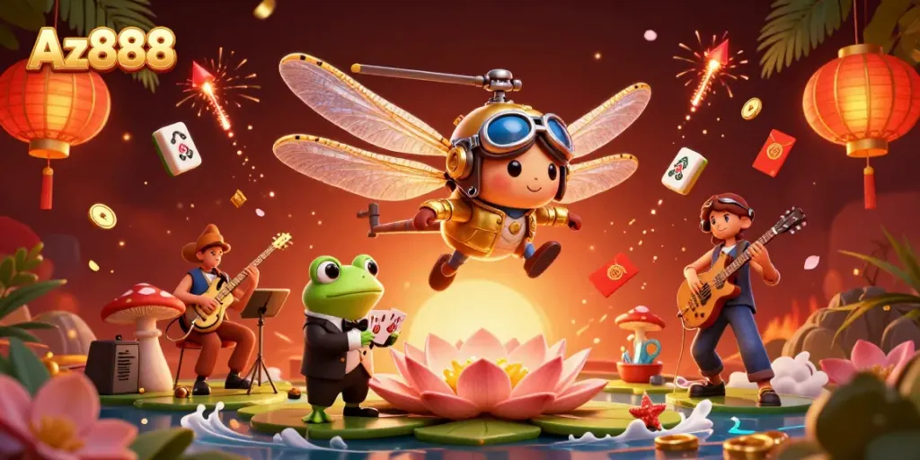 Experience the excitement of Az888 online gaming with a vibrant illustration featuring dynamic casino elements and characters.