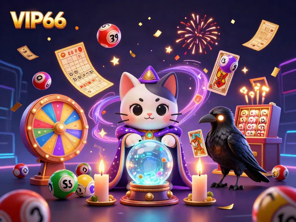 Experience the excitement of VIP66 with a lively lottery-themed 3D illustration showcasing vibrant game elements.
