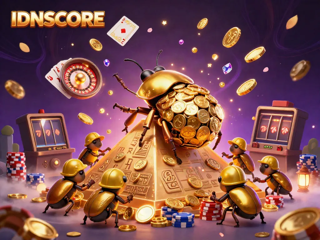 Experience the thrill of IDNSCORE with a golden beetle rolling coins amid casino symbols.