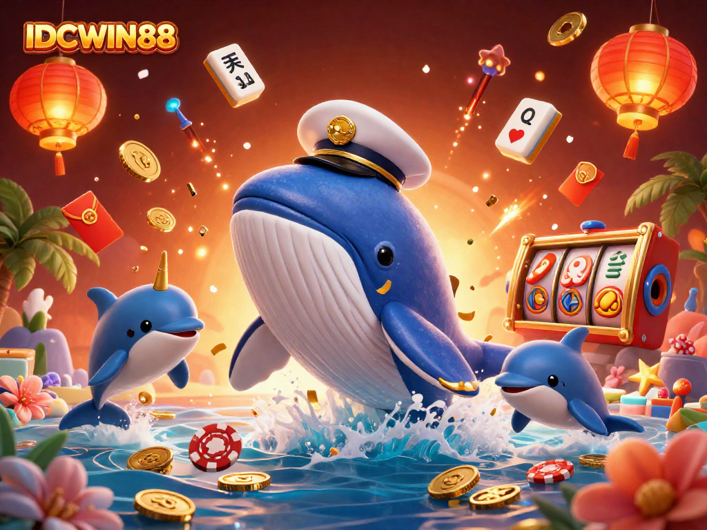 Engage with IDCWIN88's vibrant 3D casino illustration showcasing a whale and playful dolphins amidst slot reels.