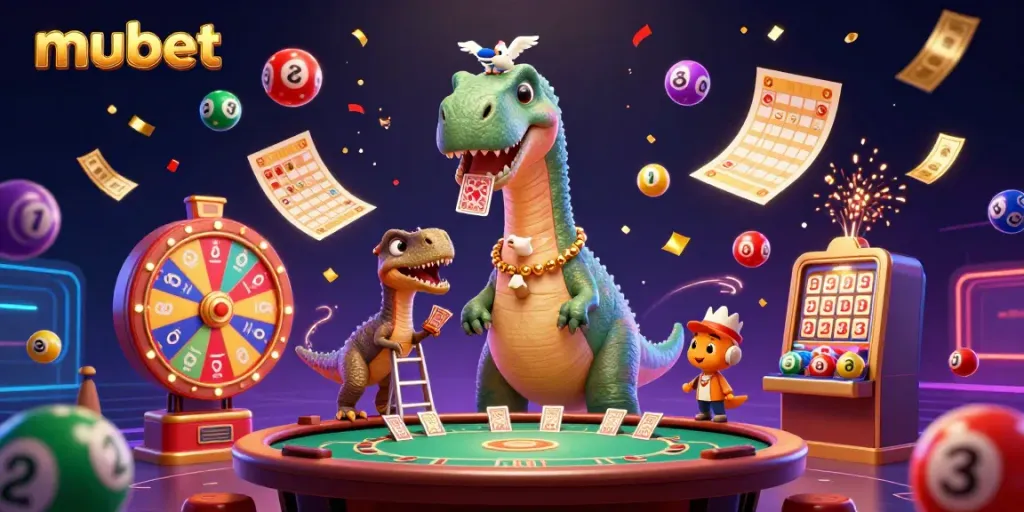 Engage in thrilling casino action with mubet's vibrant 3D illustration featuring dynamic characters and excitement.