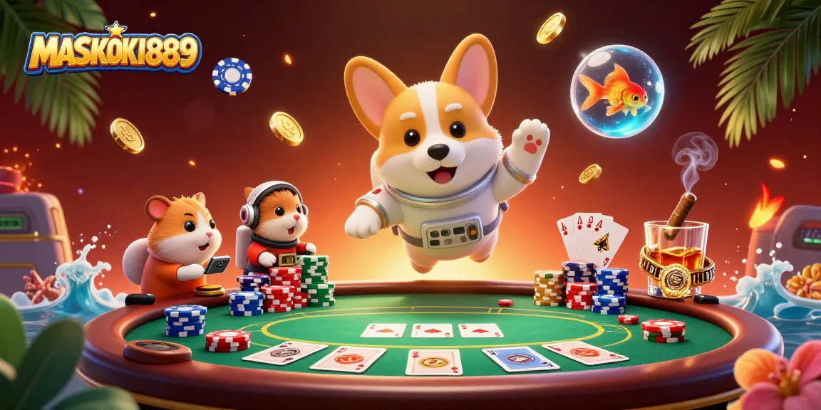 Experience the thrills of MASKOKI889 with a floating corgi in a space station casino scene.