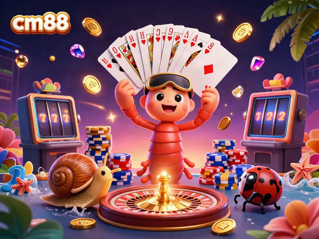 Engage with cm88's vibrant casino scene featuring a millipede dealer and high-roller snail amid dynamic gaming elements.