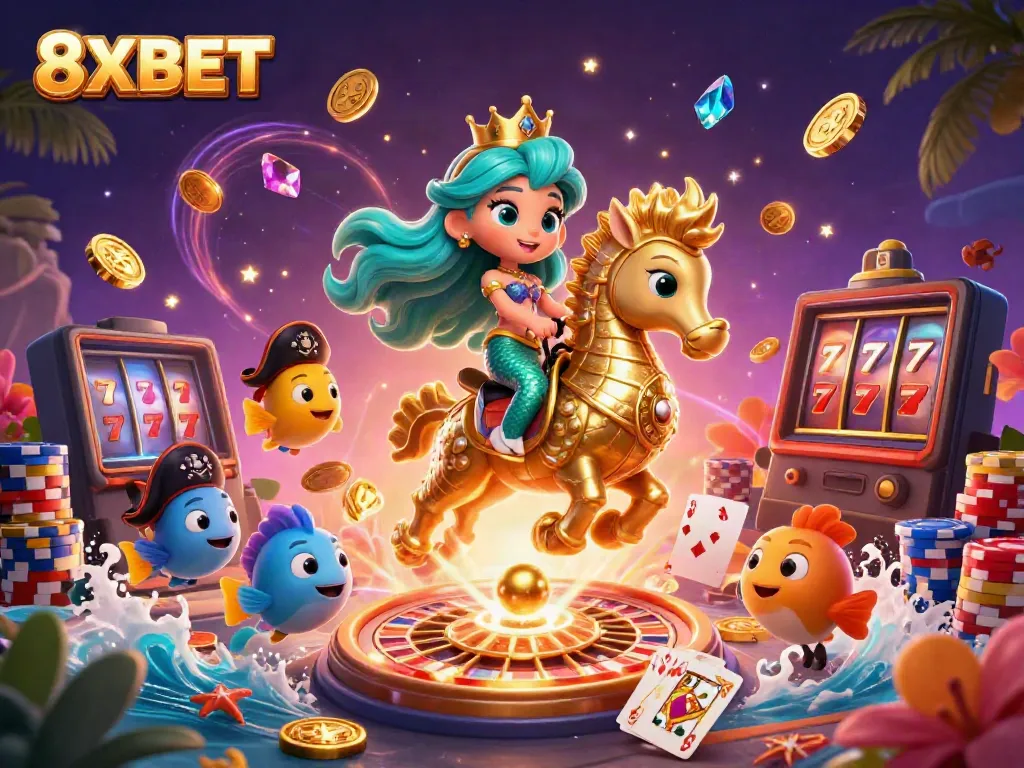 8XBET captures the thrill of winning with colorful characters and casino elements in a vibrant ocean scene.