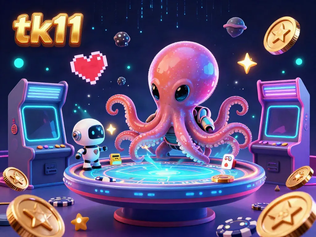 Engage with tk11 at the alien poker table amidst vivid casino elements and arcade features.