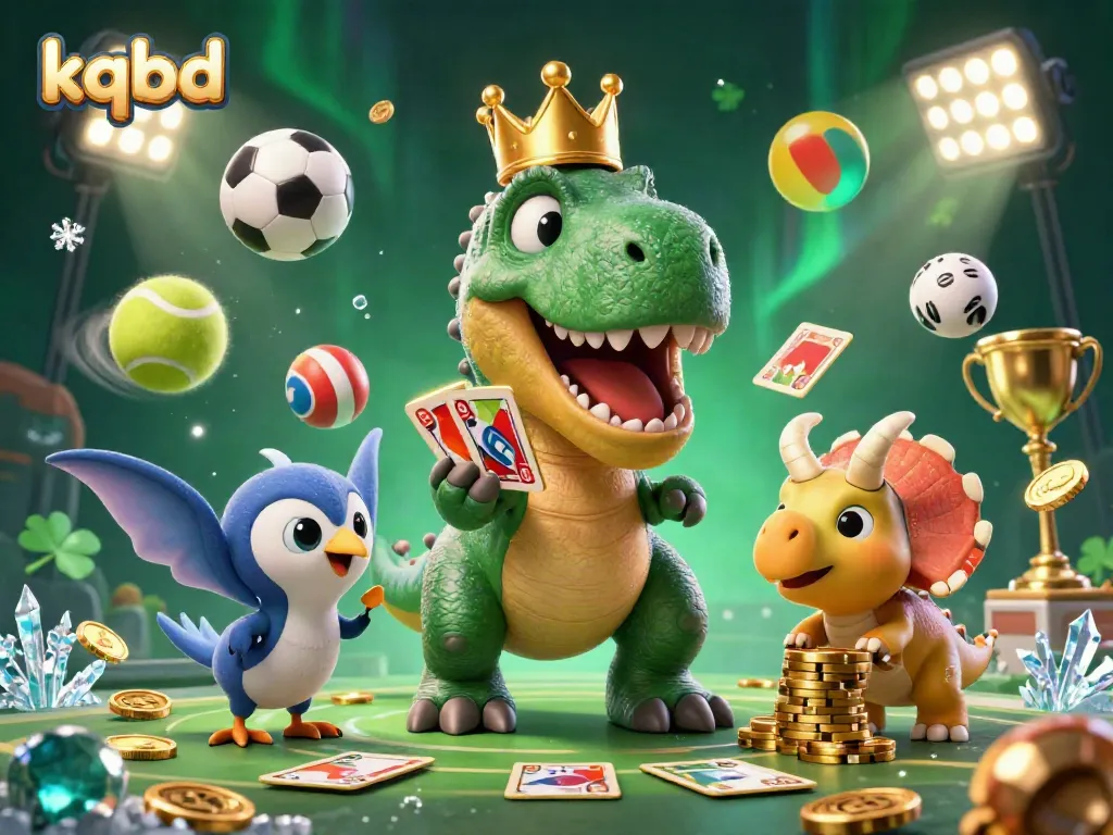 Engage in kqbd sports betting while T-Rex shuffles cards and vibrant sports balls fly around.
