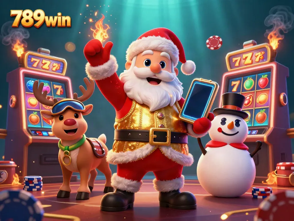 Experience the thrilling jackpot action of 789win with Santa and friends in this vibrant casino scene.