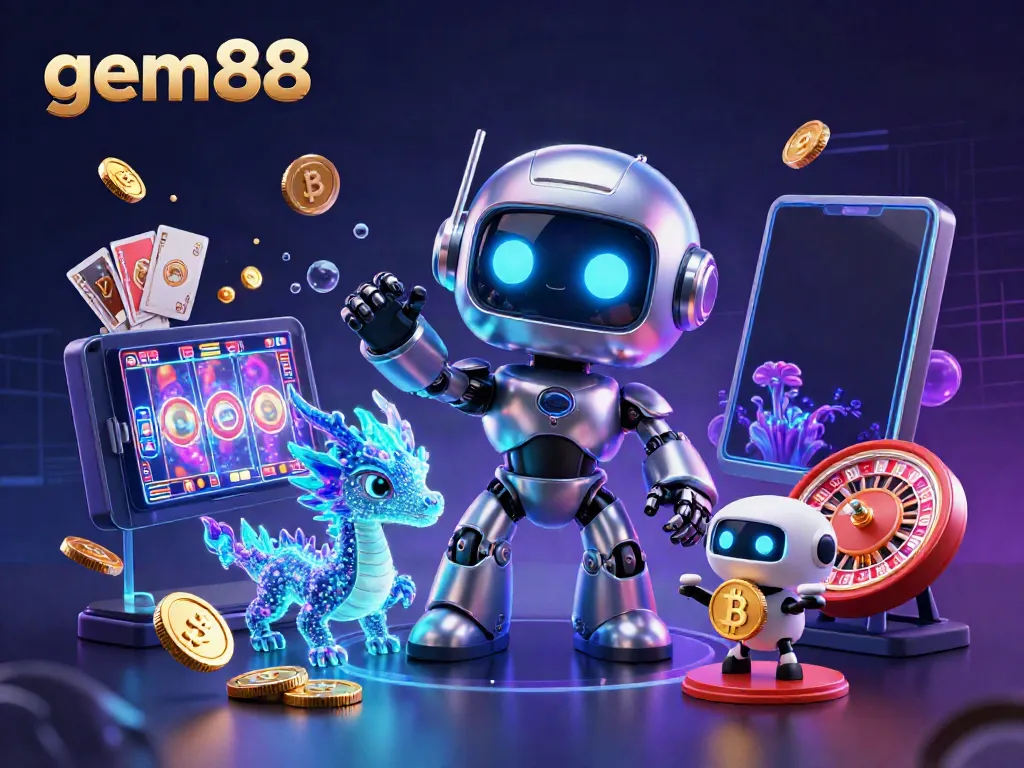Engage in thrilling gameplay at gem88 with a dynamic casino scene showcasing robots, crypto symbols, and lively game elements.