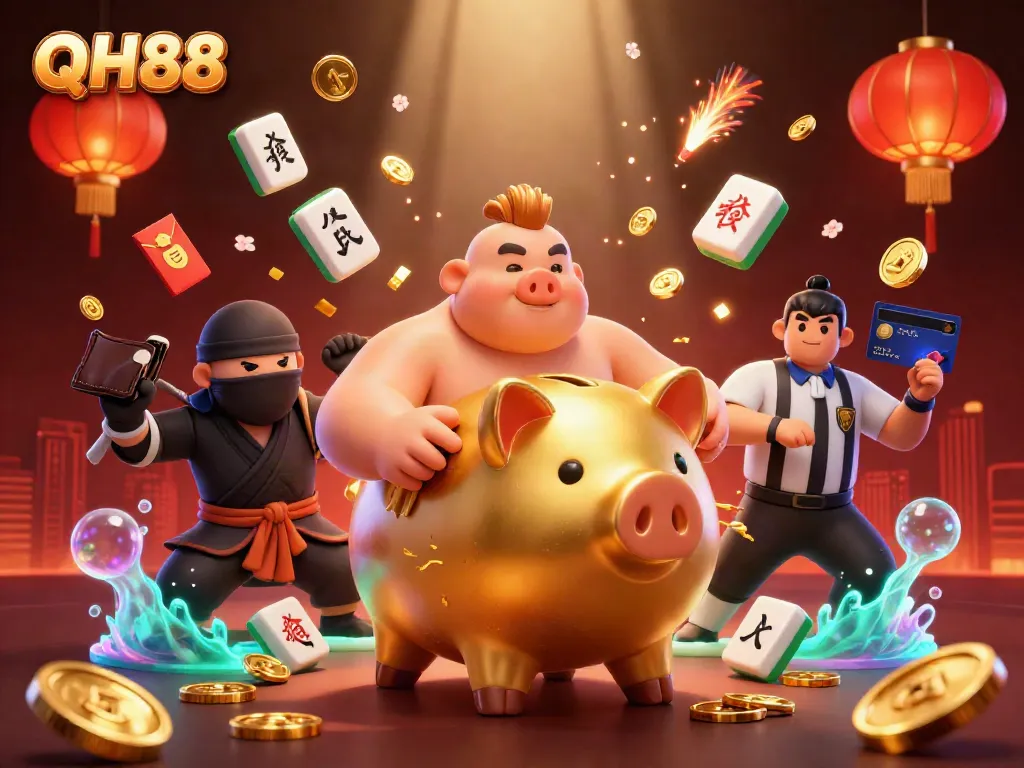Experience QH88's thrilling gameplay with a dynamic scene of a golden piggy bank sumo wrestler and friends.