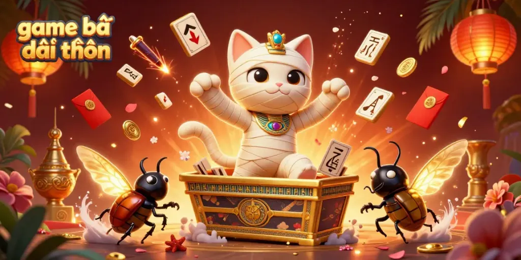Experience the excitement of game bài đổi thưởng with a mystical cat and golden elements bursting forth in a vibrant pyramid casino scene.