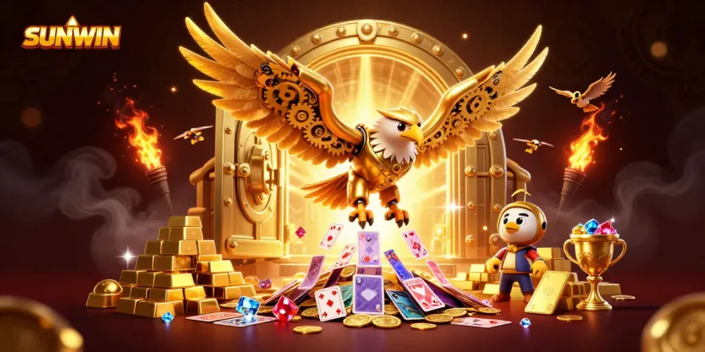 Experience thrilling games at SUNWIN as the golden eagle dives through holographic cards.