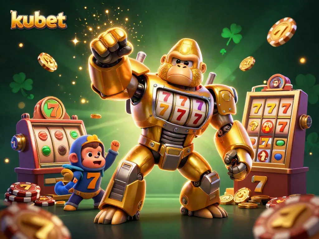 Experience the dynamic action of kubet with a 3D golden gorilla mech made from slot machines, surrounded by vivid gambling elements.