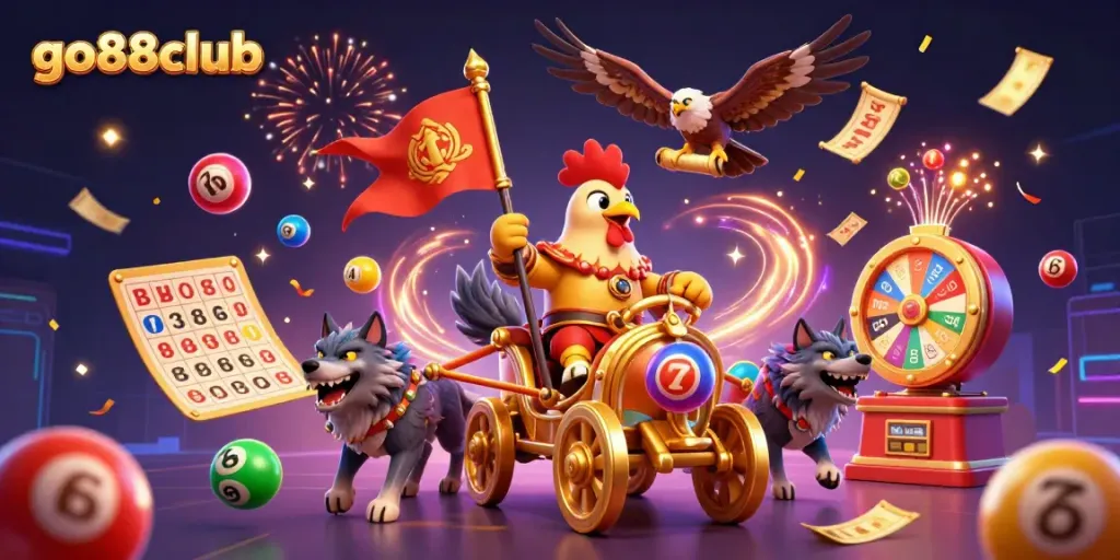 Experience gaming excitement at go88club with vibrant casino elements and dynamic characters.