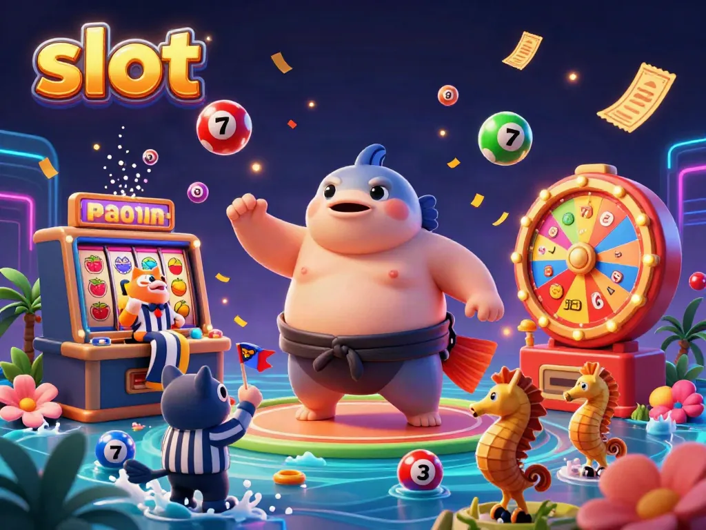 Witness the excitement of slot games with a playful underwater casino scene featuring a sumo fugu, a catfish referee, and lively spectators.