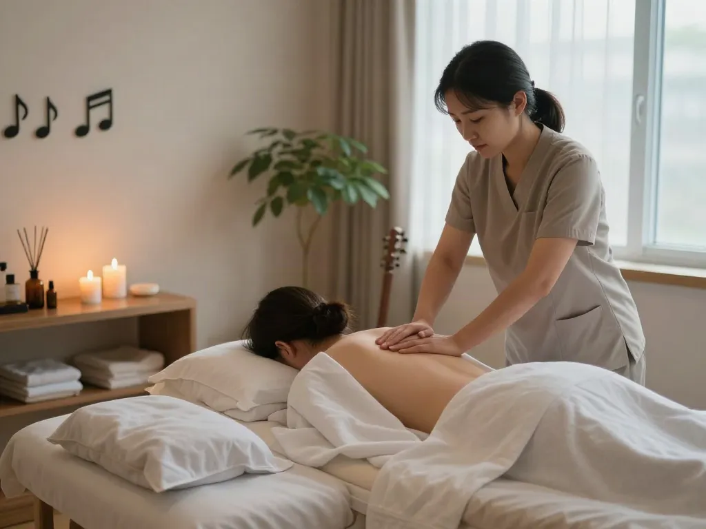 Relaxing 성남출장안마 session in a tranquil massage studio with soft lighting and natural elements