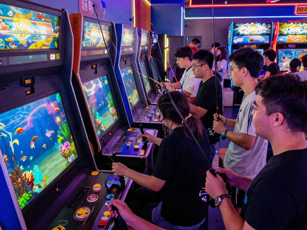 Players enjoying lại là Bắn cá đổi thưởng in a colorful arcade.