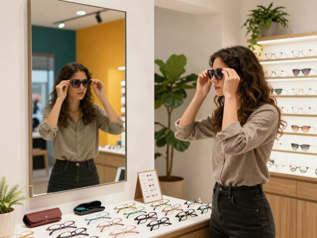 Customer trying on stylish óculos de grau in a modern eyewear boutique.