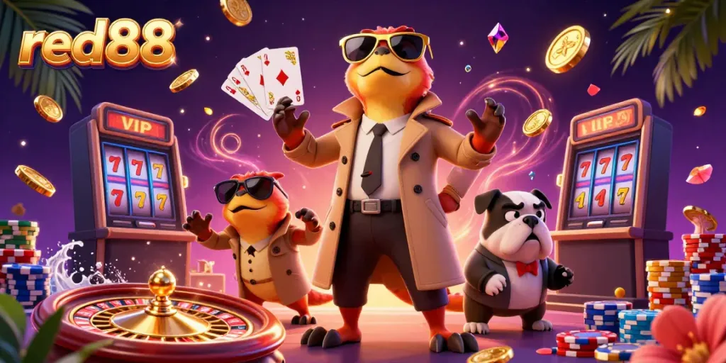 Experience the excitement of red88 as three raptors in a trench coat humorously attempt to enter a VIP casino lounge amidst cascading gold coins and vibrant gaming elements.