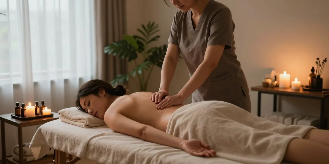 Enjoying a therapeutic 일산출장마사지 in a serene home spa, featuring soft lighting and calming decor.