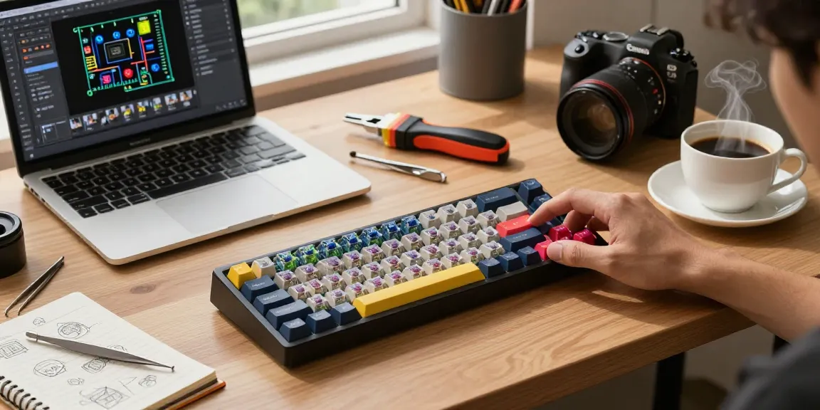 MCHOSE Ace 68 keyboard assembly in a creative workspace with colorful keycaps and switches.
