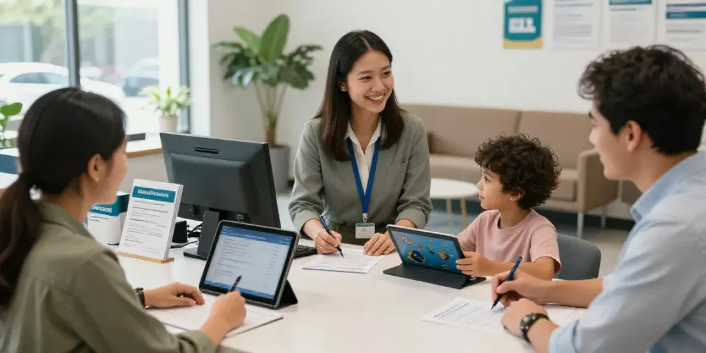 Engaging community banking scene at https://trademarkfcu.org with friendly staff assisting a family.