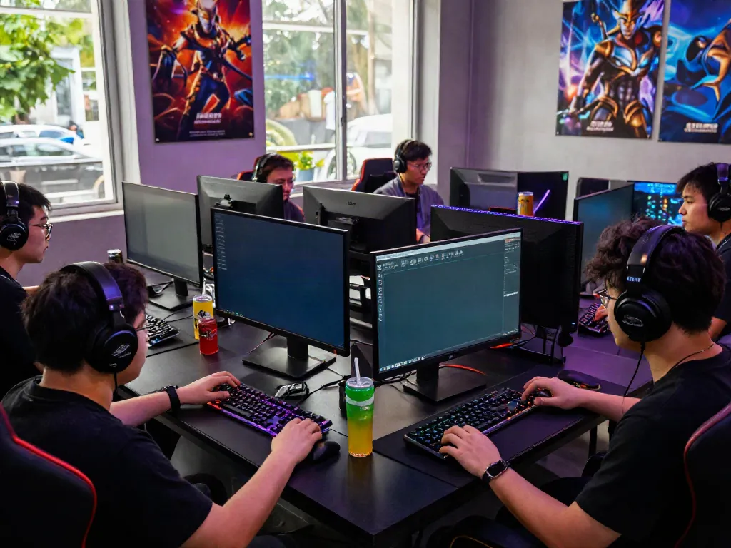 Diverse gamers actively enjoying QQMacan platform in a vibrant gaming hub.
