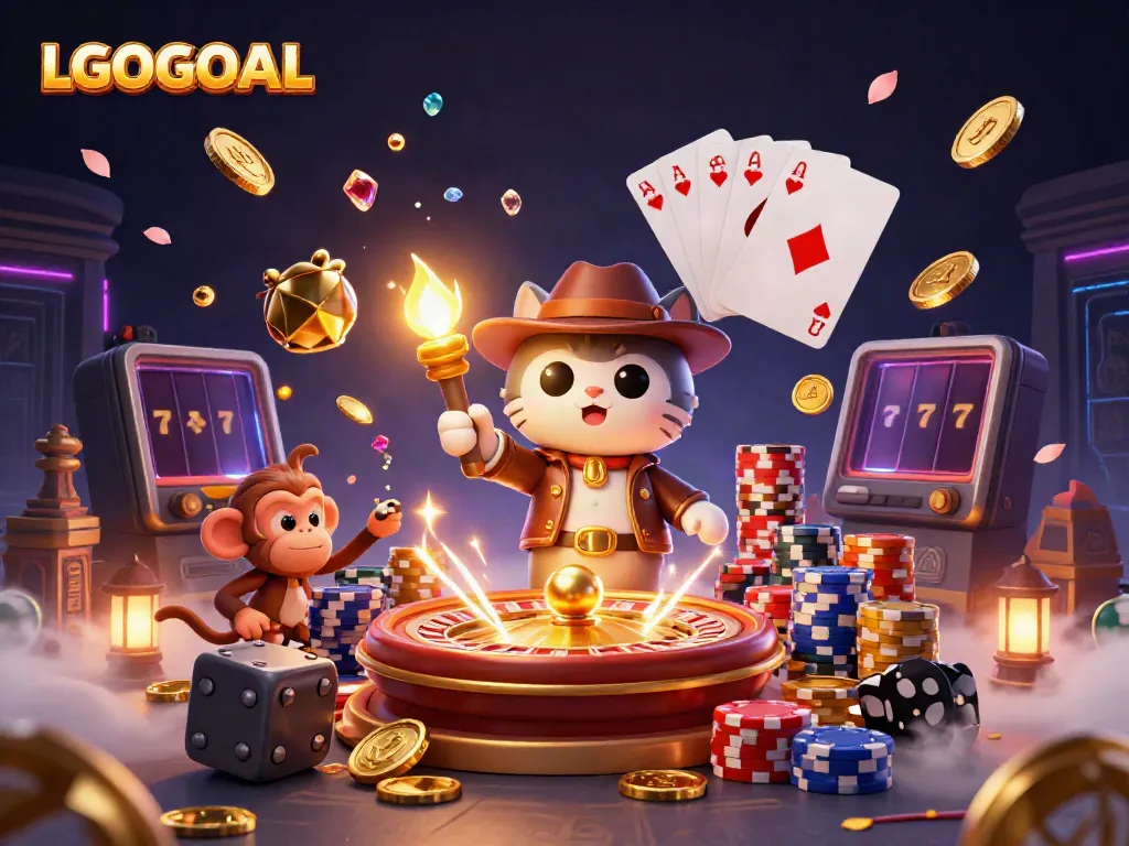 Experience the thrill with LGOGOAL in a vibrant, rich, adventurous casino illustration.