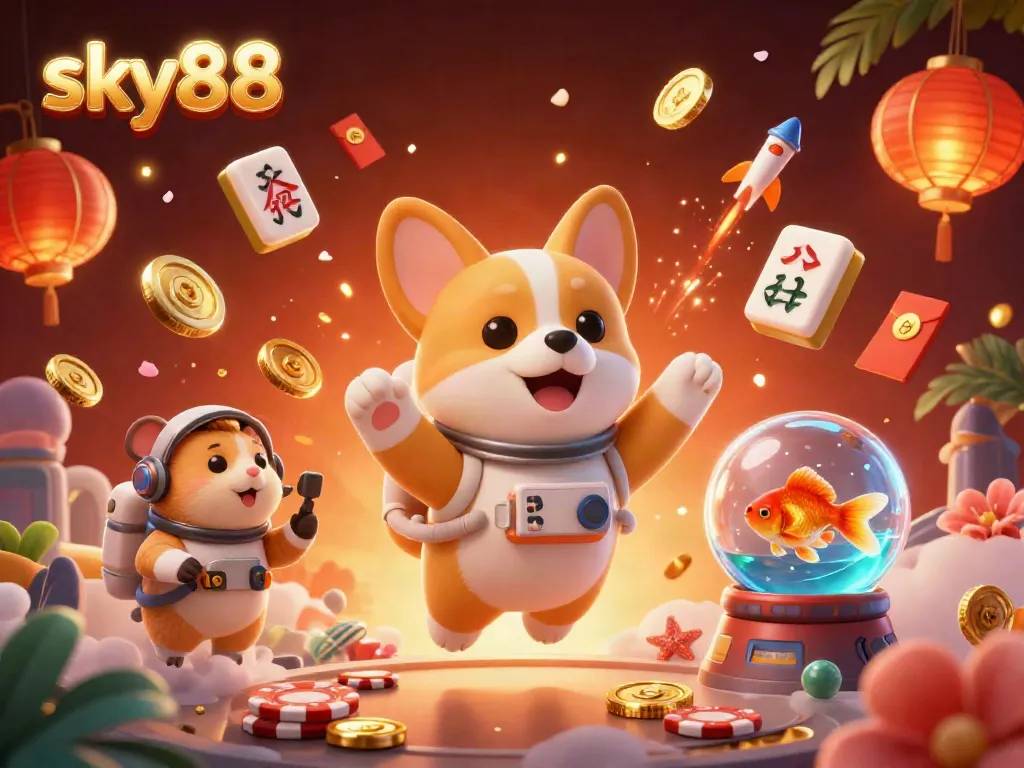 Experience the excitement of sky88 with a 3D animated scene featuring unique characters amidst casino thrills.