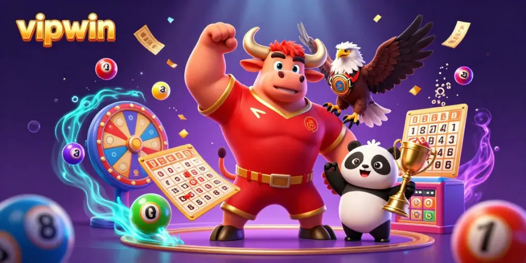 Experience the thrilling victory at vipwin with a muscular bull mascot, eagle, and panda amidst colorful casino elements.