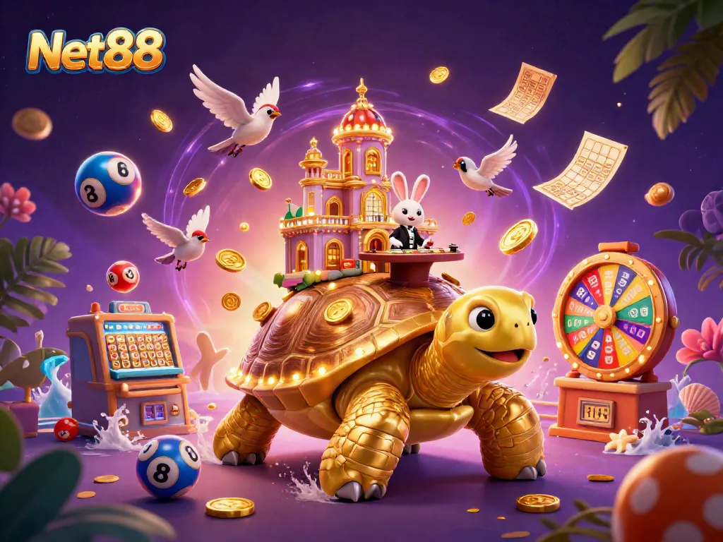 Engage with Net88's thrilling casino world featuring a golden tortoise and dynamic gaming elements.